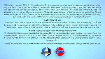 Se cancela la Capcom Cup por aumento casos de COVID-19