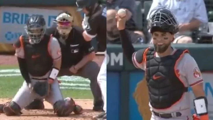 Catcher de los Orioles realiza sorprendente out con su careta